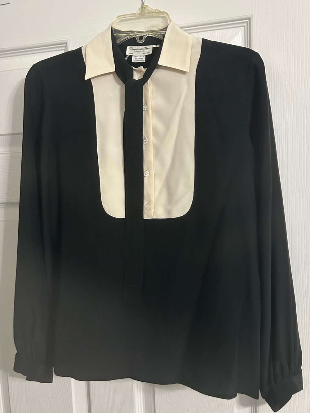 Vintage Dior Blouse with Cream Collar Neck Tie bow tie Tuxedo 100% Silk